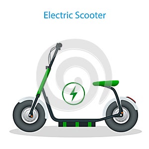 Electric Scooter with seat on the road. Electric scooter transportation you can rent for a quick ride. Eco city