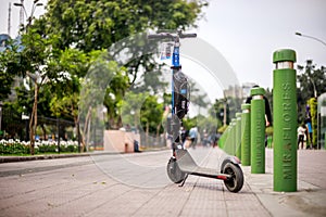 Electric scooter stationed in Miraflores District from Lima, Peru