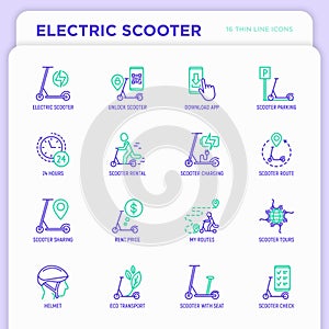 Electric scooter thin line icons set: sharing service, mobile app, QR code, parking, helmet, eco transport, pointer. Modern vector