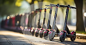 Electric scooters waiting at the curb ready to be rented and driven away. Electric urban transportation. Generative AI