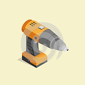 Electric screwdriver for construction in an isometric projection. Screwdriver, steel tape,