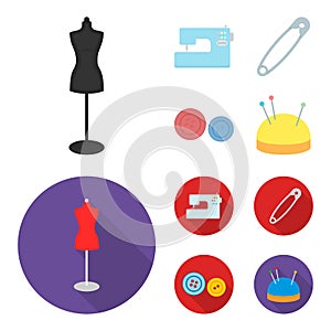 Electric sewing machine, dummy on the stand, pin, buttons.Atelier set collection icons in cartoon,flat style vector