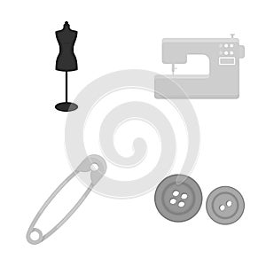 Electric sewing machine, dummy on the stand, pin, buttons.Atelier set collection icons in monochrome style vector symbol