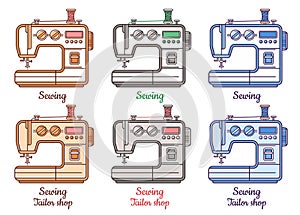 Electric sewing machine, tailor shop, sew, repair clothes icon. Modern tailoring equipment. Atelier, clothing design. Vector