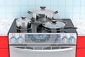 Electric slide-in convection range with pot, pan and frypan. 3D