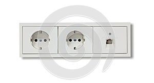 Electric sockets and network line. White background. Close up view with details.