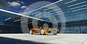 Electric sports car parked in the center of modern glass facade walls building