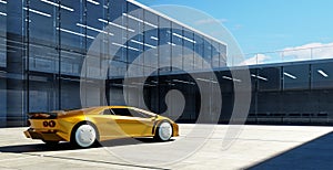 Electric sports car parked in the center of modern glass facade walls building