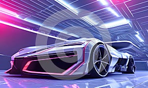 Electric supercar in futuristic city, fantastic sci fi modern sports car design. Generative Ai