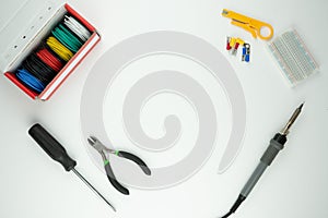 Electric supplies and tools flat-lay.