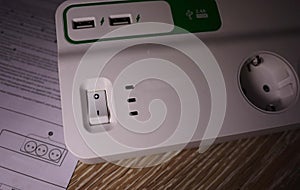 Electric surge protector Close-up and power supply details