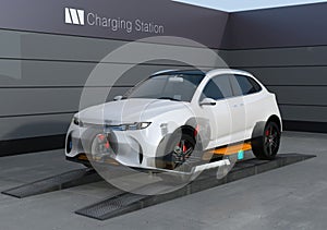 Electric SUV car exchange low battery in battery swapping station