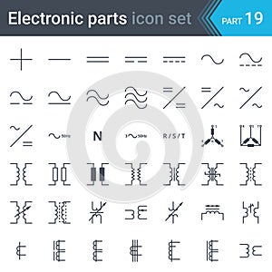 Electric symbols set of current, three-phase connections and electrical transformers