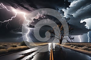 Electric Symphony: Thunderstorm Illuminating a Desolate Highway, Jagged Lightning Striking Near a Lone Withered Tree