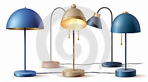 Electric table lamps, desk lamps, and bedside lamps on white background. Modern realistic set of 3d desk lamps for