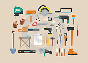 Electric tool flat vector icons set of wood