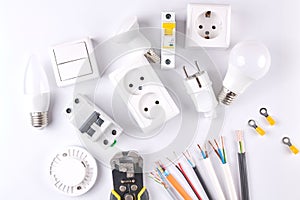 Electric tools set with dimmer switch isolated on white background with copy space, controllable lighting