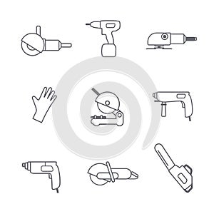 Electric tools vector icon set. Line icons