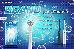 Electric toothbrush ads. vibrant brush with mobile dental app. Tooth model and product package design concept. 3d Vector