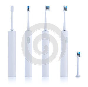 Electric toothbrush isolated on white background. Four corners of the toothbrush around its axis and a removable nozzle.