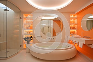 Electric toothbrush in modern bright bathroom interior with elegant design and clean hygiene concept