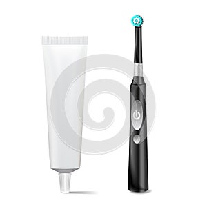 Electric Toothbrush, Toothpaste Tube Vector. Realistic Classic Tooth Brush Mock Up For Branding Design. Isolated On