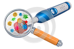 Electric toothbrush with viruses and bacterias under magnifying glass, 3D rendering