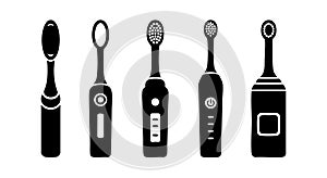 Electric toothbrushes collection different shapes and button designs black silhouette vector illustration