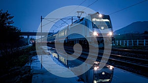 Electric train in China speeding at night, lights cutting through the darkness