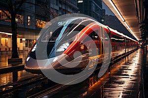 Electric train, city transport, at night in the city at a stop. AI Generative