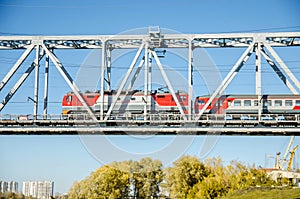 The electric train crosses the Ob river. Transsiberian railway