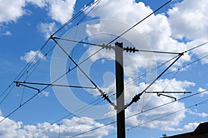 Electric train lines railway electrification overhead system with wires and blue sky above