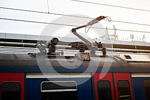 Electric train trolley pole railway electrification system, overhead system