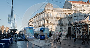 Electric tram stopped at Place de la Comedie in Montpellier