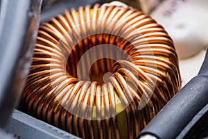 Electric transformer copper coil closeup