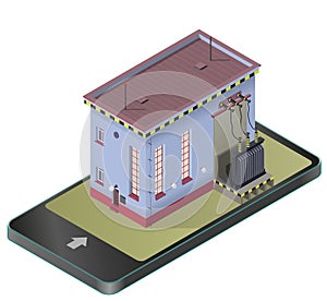 Electric transformer isometric building in mobile phone. Vector high-voltage power station in communication technology paraphrase. photo