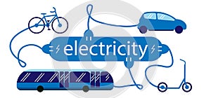 Electric transport car, bus, bike and scooter and the symbol of the electric charging station. Vehicles are charged by the
