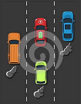 Electric transport concept. Electric car with usual combussion cars comparison.