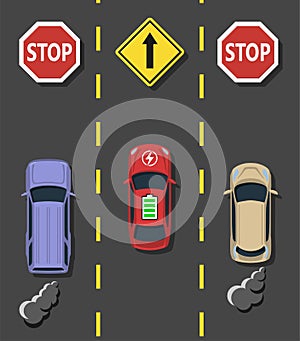 Electric transport concept. Electric car with usual combussion cars comparison.