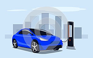 Electric transport. Fast charge a car with electricity at a public power station in the city. Vector illustration