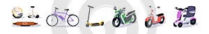 Electric transport types set. Eco urban vehicles. Kick scooter, bicycle, bike, motorbike, board and mono-wheel. Modern