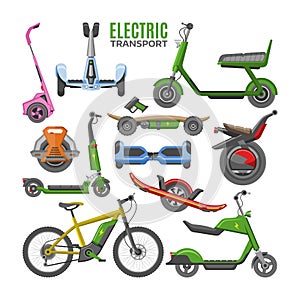 Electric transport vector hoverboard scooter electro-bike segway gyroscooter illustration set of electrical monowheel