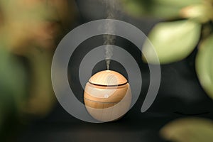 An electric ultrasonic humidifier emits atomized water droplets against a dark background.