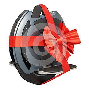 Electric Unicycle with bow and ribbon, gift concept. 3D rendering