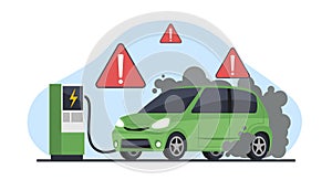 Electric vehicle breakdown and fire during charging. Vehicle recovery. Automobile with smoke from tires wheels, e-car