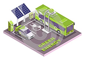 Electric vehicle charging station, electromobile and city public bus, vector flat isometric illustration. Eco transport.