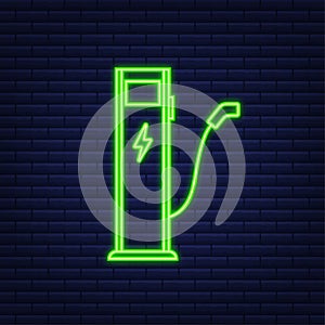 Electric vehicle charging station icon. Ev charge. Electric car. Neon icon. Vector illustration.