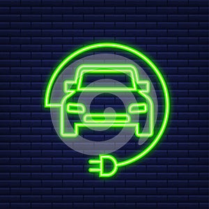 Electric vehicle charging station icon. Ev charge. Electric car. Neon icon. Vector illustration.