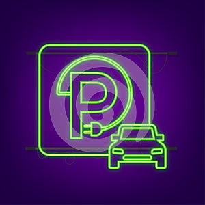 Electric vehicle charging station icon. Ev charge. Electric car. Neon icon. Vector illustration