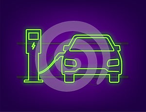 Electric vehicle charging station icon. Ev charge. Electric car. Neon icon. Vector illustration